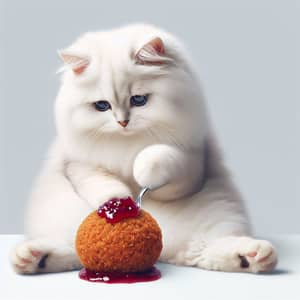 Curious White Cat Playing with Raspberry Jam-draped Falafel