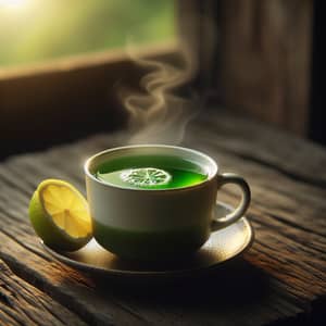 Steaming Hot Cup of Green Tea on Wooden Table