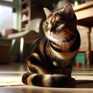 Glossy Multicolored Short-Haired Cat at Home
