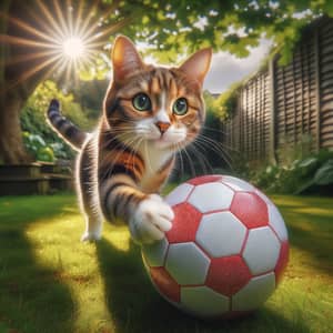 Playful Domestic Feline Playing with Soccer Ball in Lush Backyard