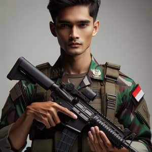 Indonesian Soldier Portrait with Standard Military Gun