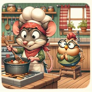 Charming Culinary Rat and Nervous Chicken Illustration