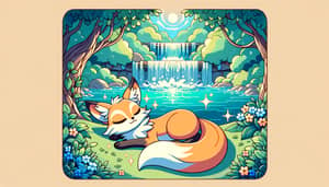 Magical Three-Tailed Fox Sleeping by River - Enchanting Scene