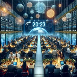 Futuristic New Year's IT Celebration: Diverse People & High-Tech Decor