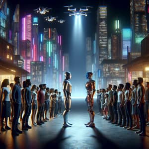 Futuristic Confrontation: Silver vs Copper Robots in Neon-lit City