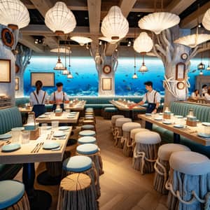 Seaside-Themed Restaurant: Ocean Blues, Seafoam Accents, Nautical Decor