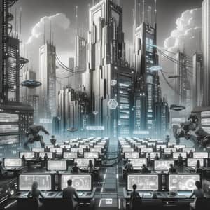 Futuristic Cyberpunk City Scene in Grayscale Color