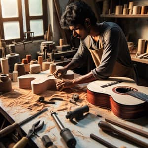 Crafting Guitar: South Asian Man Creating Musical Beauty