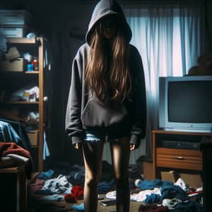 Mysterious Teen in Hoodie: Captivating Room Scene