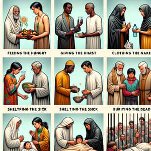 Illustrated Acts of Mercy: Feeding, Clothing, Sheltering, Visiting, Burying