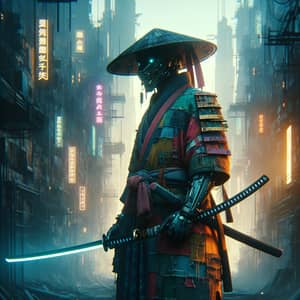 Futuristic Samurai in Dystopian City | Reclaimed Armor & Neon Katana