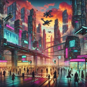 Dystopian Future in 2840: Dark Skyscrapers, Neon Glow, and Technological Dominance