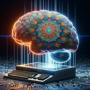 Intricate Moroccan-Patterned Brain Connected to Vintage Computer