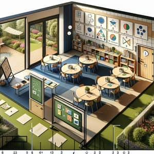 Classroom Design with Smart Board, Garden View, and Shapes