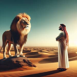 Majestic Lion and Middle-Eastern Man in the Desert