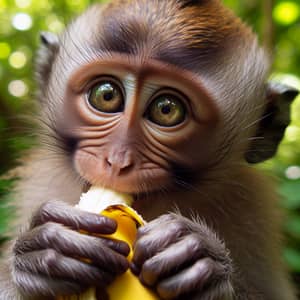 South Asian Monkey Enjoying a Banana in Lush Greenery