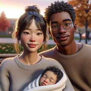 Realistic Image of Teen Parents with Sleeping Baby at Sunset