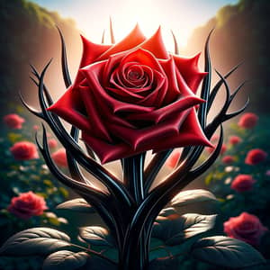 Captivating Red Rose on Striking Black Stem in Enchanting Garden