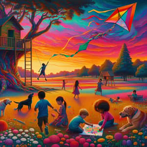 Captivating Childhood Memory: Sunset, Treehouse, and Diverse Group of Children