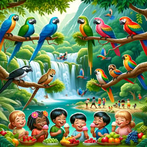 Colorful Forest Wildlife and Diverse Children Playing Joyfully