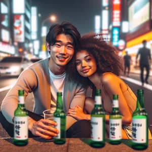 Romantic Night Scene: Young Couple Enjoying Soju Together