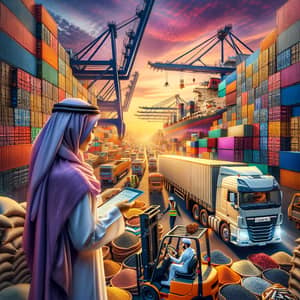 Dynamic Trade Scene with Female Truck Driver and Forklift Operator