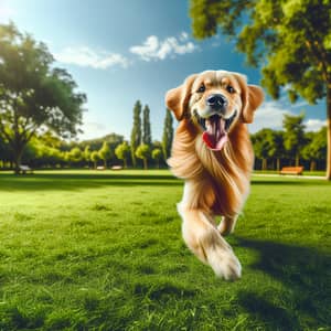 Energetic Golden Retriever Running in Lush Park | Dog Photography