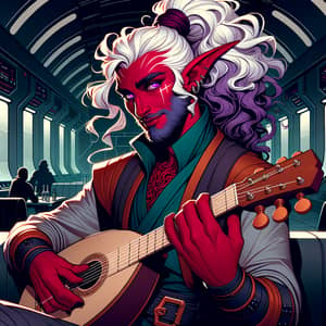 Fantasy Sci-Fi Tiefling Musician in a Space Bar - Art