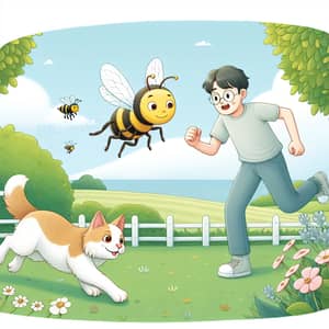 Bee Racing Cat in Outdoor Setting - Action Scene with Man Saving Dog