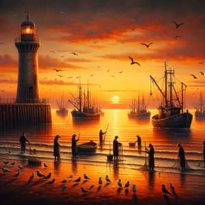 Peaceful Harbour Sunset Oil Painting