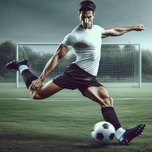 Athletic Soccer Player with Powerful Kick on Grass Field