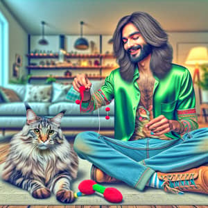 Joyful Interaction: Maine Coon Cat with South Asian Human