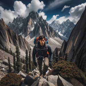 South Asian Man Hiking Through Challenging Mountain Trail