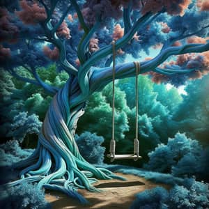 Whimsical Blue Tree with Swinging Wooden Seat in Nature