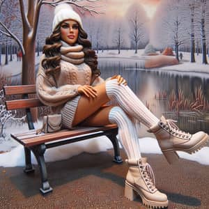 Hispanic Girl in Stylish Winter Outfit on Park Bench