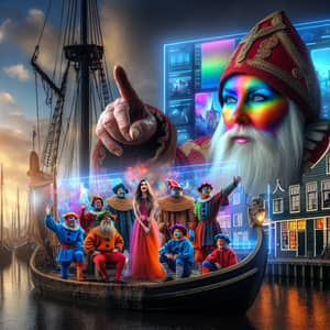 Sinterklaas Figure on Ship with Colorful Crew in Volendam Village