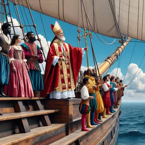 Traditional Bishop on Ship with Diverse Helpers in Renaissance Costumes
