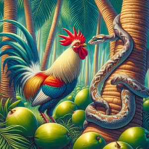 Vibrant Tropical Illustration: Rooster Kissing Snake in Coconut Forest