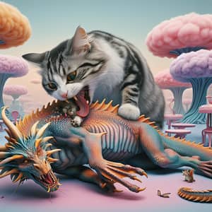 Brave Cat Eating Dragon in Surreal Fantasy World
