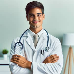 Professional Hispanic Doctor with Stethoscope in Calm Clinic Setting