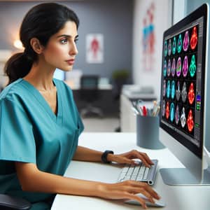 Middle-Eastern Female Doctor Working on Computer | Medical Imaging Data