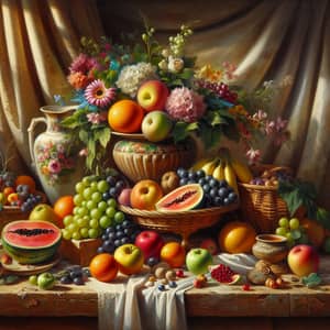 Still Life Fruit Painting with Flowers and Drapery