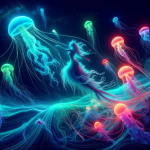 Surreal Underwater Scene with Mermaid and Jellyfish