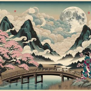Japanese Ukiyo-e Art: Moonlit Landscape with Cherry Blossom Trees