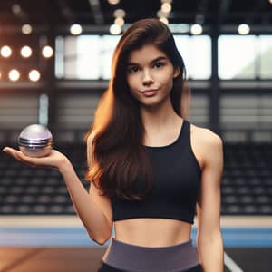 Young Brunette Woman in Sportswear on Gym Stage