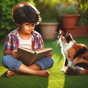 South Asian Boy Reading Outdoors with Calico Cat - Enchanting Scene