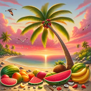 Tropical Beach Sunset with Fruits and Coconut Tree