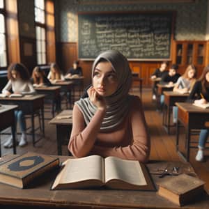Thoughtful Middle-Eastern Student in Traditional Classroom Setting