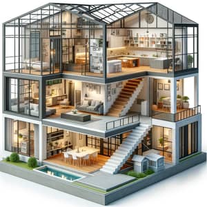 3D Loft House Floor Plan with Open-Concept Living Space