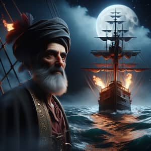 Elderly Middle-Eastern Pirate Captain on Ablaze Ship